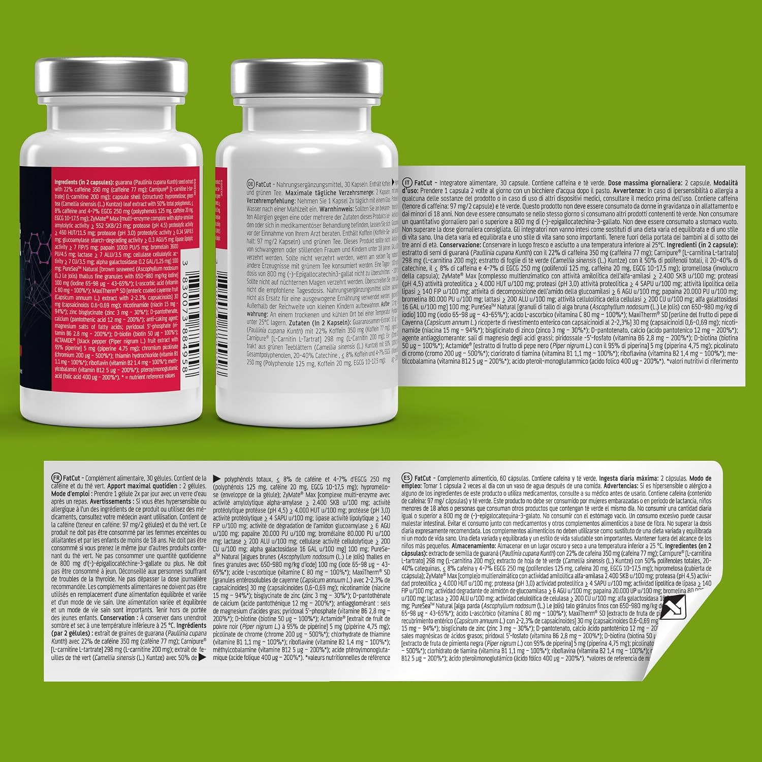 Zutatenübersicht: Grüner Tee, Cayennepfeffer, Schwarzer Pfeffer, Vitamin C, Chrom, Guarana, L-Carnitin, Braune Meeresalgen, 9 Enzyme, Zink, B-Komplex.