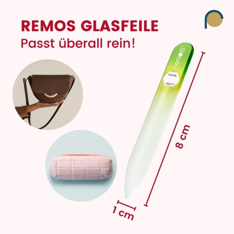 Glasnagelfeile, 8 cm, grün-weiß. Abmessungen: 8 cm lang, 1 cm breit. Text: REMOS GLASFEILE, passt überall rein!