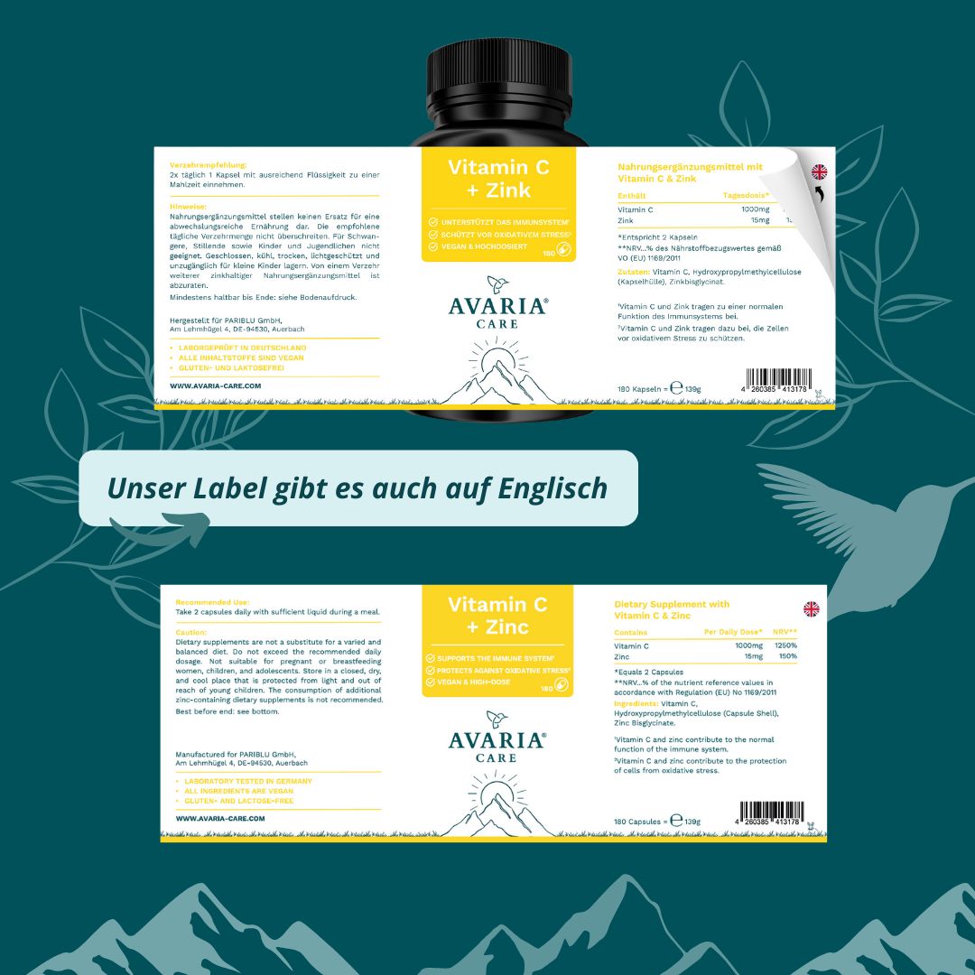 AVARIA CARE® Vitamin C 1000mg – gepuffert & magenschonend – mit 15 mg Zink – vegan