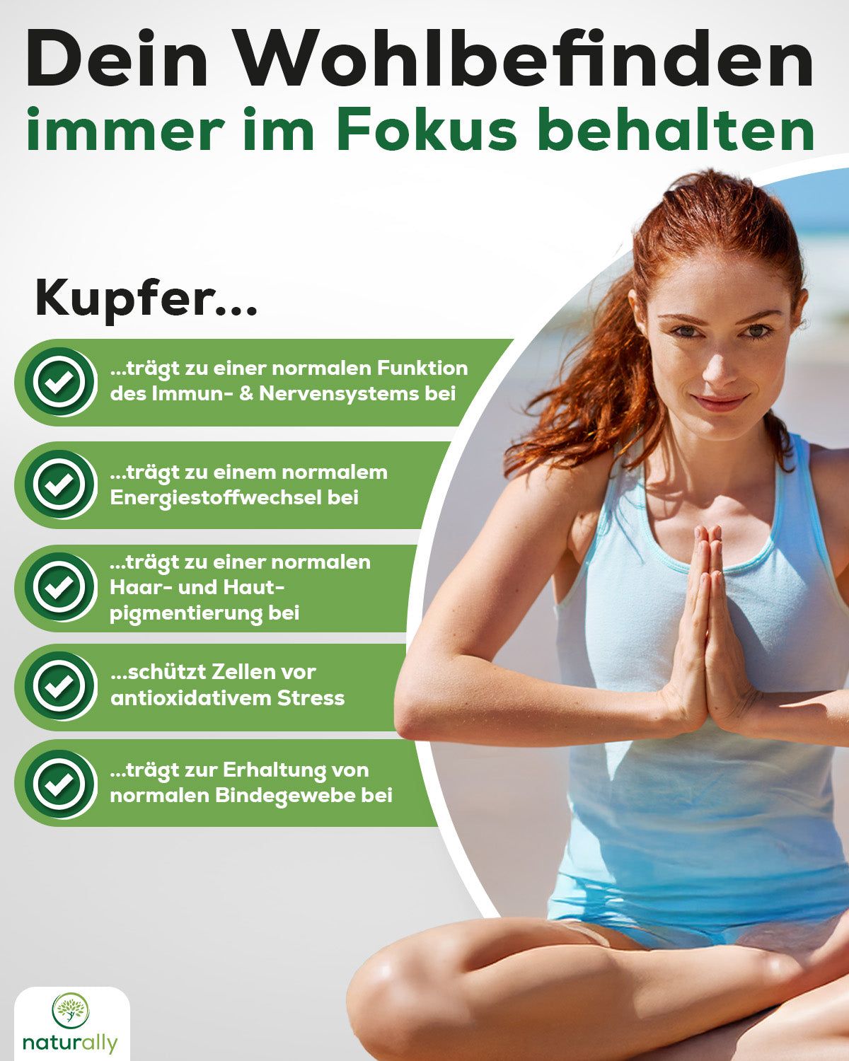 Frau in Yoga-Pose. Text: "Kupfer... trägt zu..." mit grünen Häkchen. Logo "naturally".