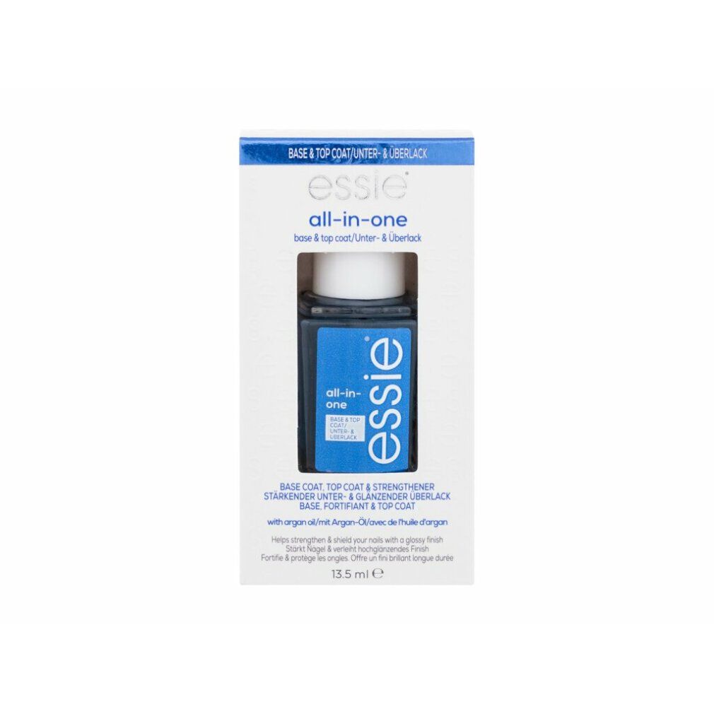 Produkt in Verpackung. Flasche mit weißem Deckel in Schachtel. Blaues Etikett mit "essie all-in-one".