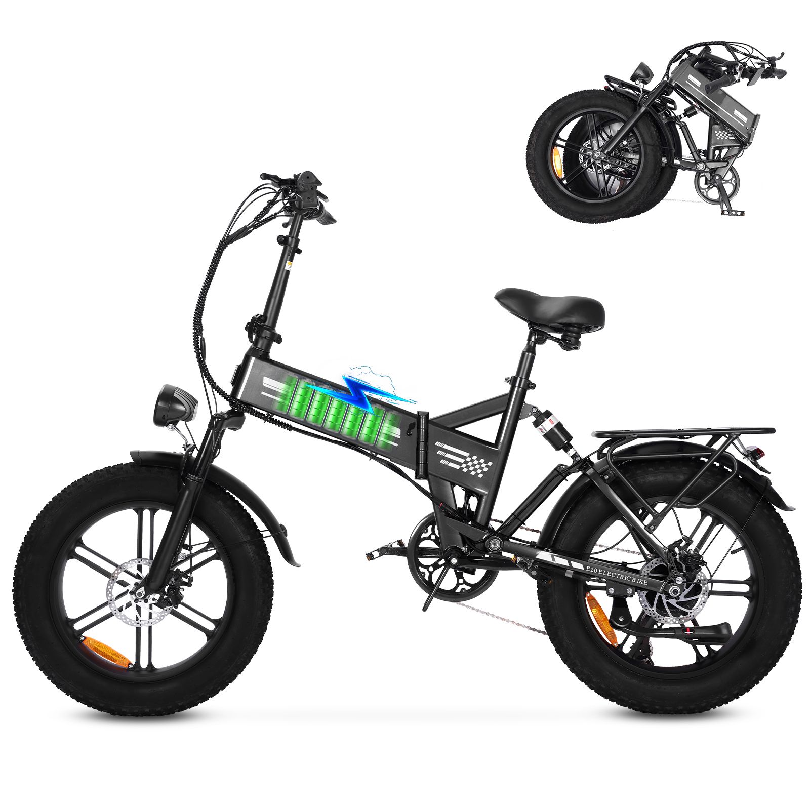 OOK-TEK E20 Elektrofahrrad, schwarz, gefaltet und entfaltet. Batterieanzeige. Breitreifen.