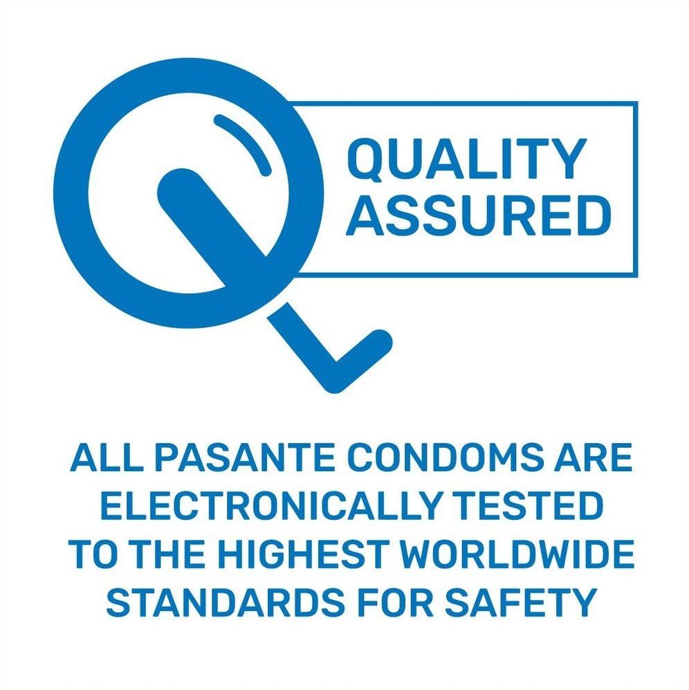 Blaues Logo mit Text: QUALITY ASSURED. Text: Alle Pasante Kondome werden elektronisch getestet.