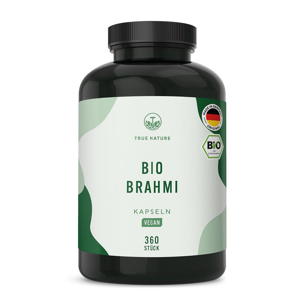 Schwarze Dose mit TRUE NATURE® Bio Brahmi Kapseln, 360 Stück. Mit Bio- und Deutschland-Siegel.