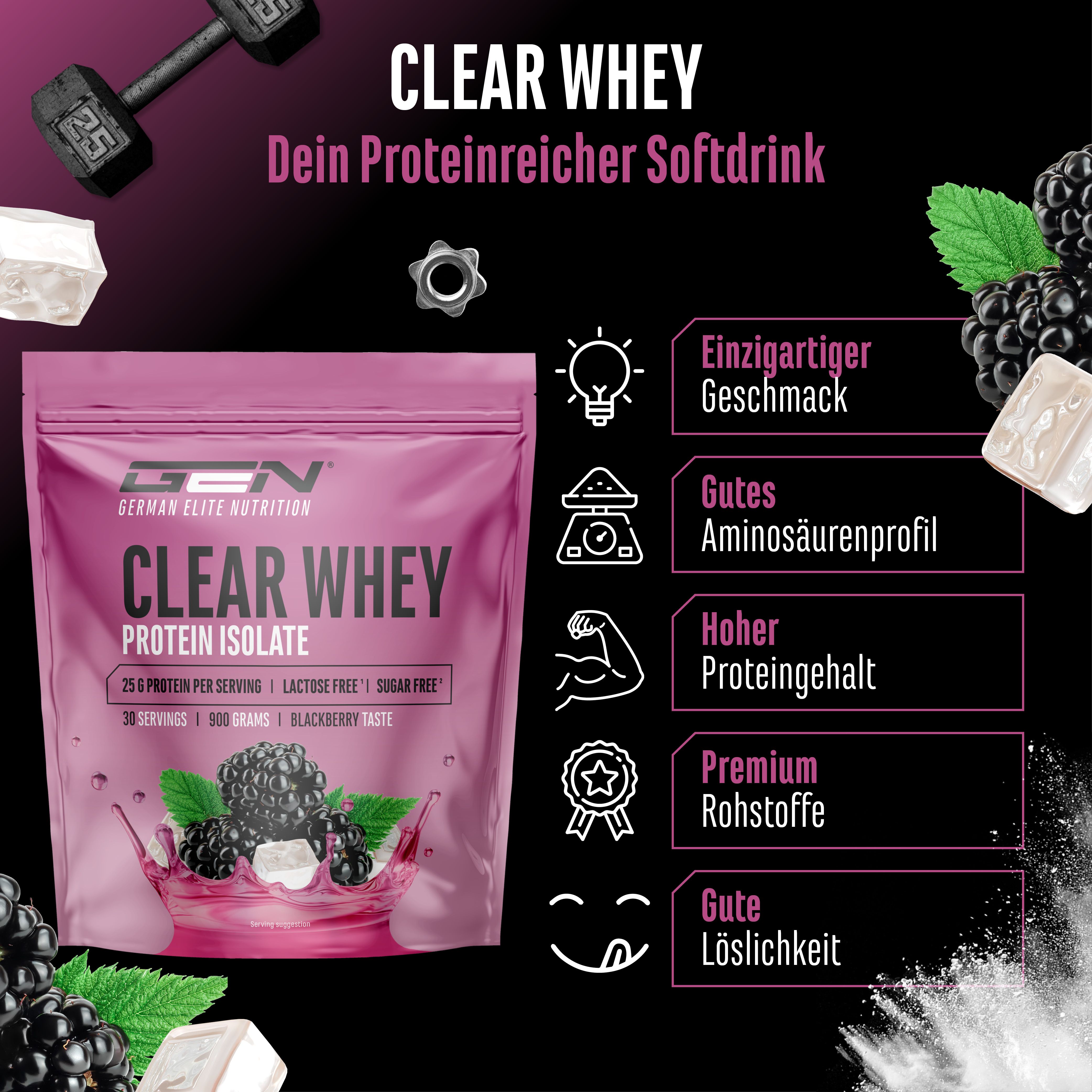 Produktabbildung mit Clear Whey Protein Isolat. Rosa Beutel, Text: Clear Whey, 25g Protein, 30 Portionen, Brombeer-Geschmack. Zusätzliche Icons.