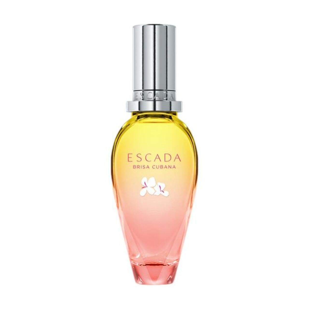 Parfümflasche Escada Brisa Cubana. Gelb-rosa Farbverlauf, silberner Deckel. Aufschrift: Escada, Brisa Cubana.
