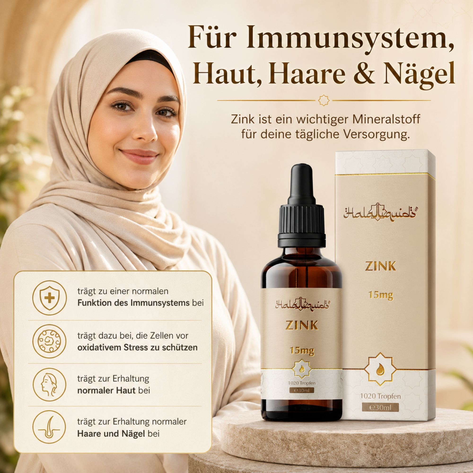 Frau mit Kopftuch lächelt. Daneben: Zink Tropfen Flasche (15mg, 30ml) und Faltschachtel.