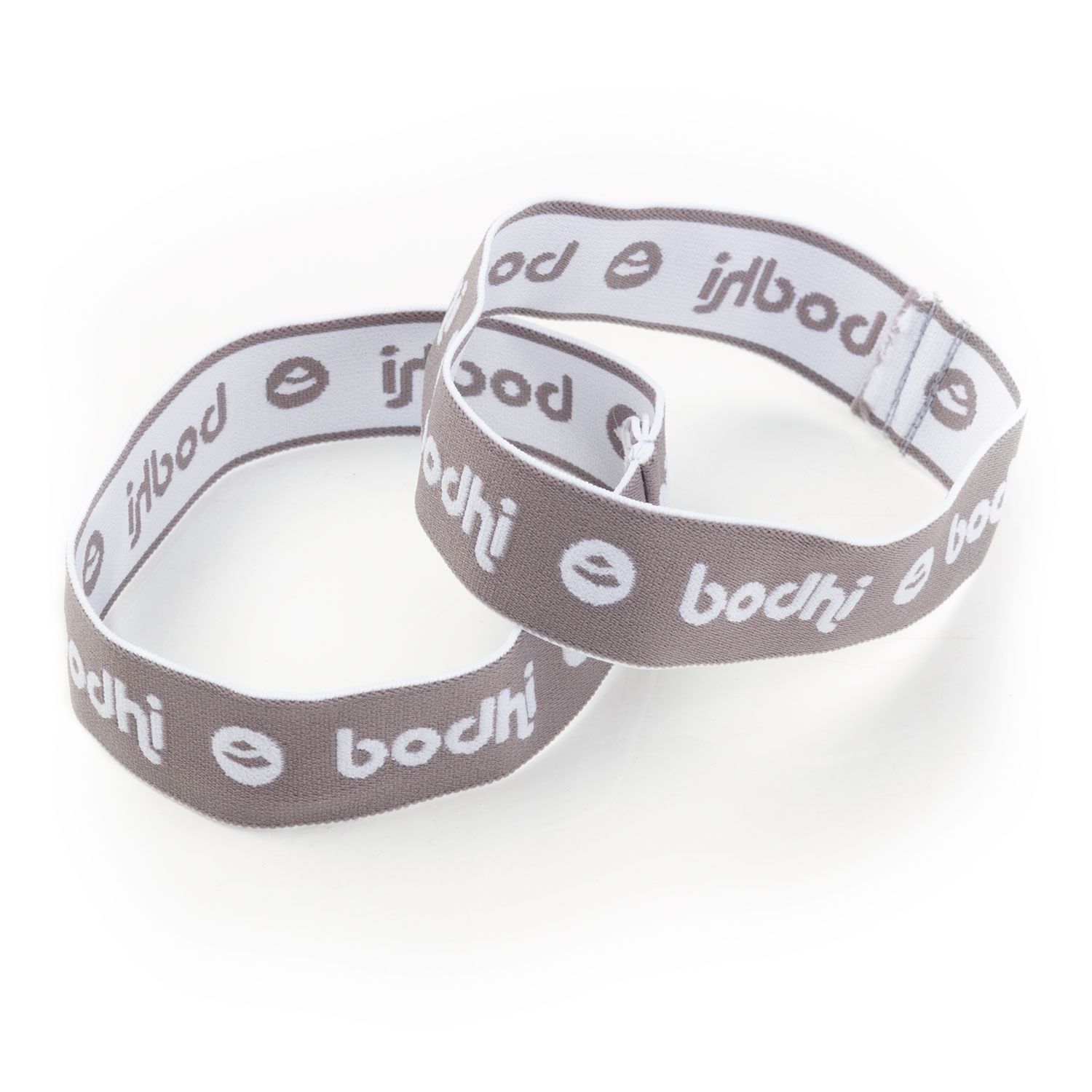 Zwei graue Haltebänder mit weißem "bodhi"-Schriftzug. Elastisches Material. Auf weißem Hintergrund.