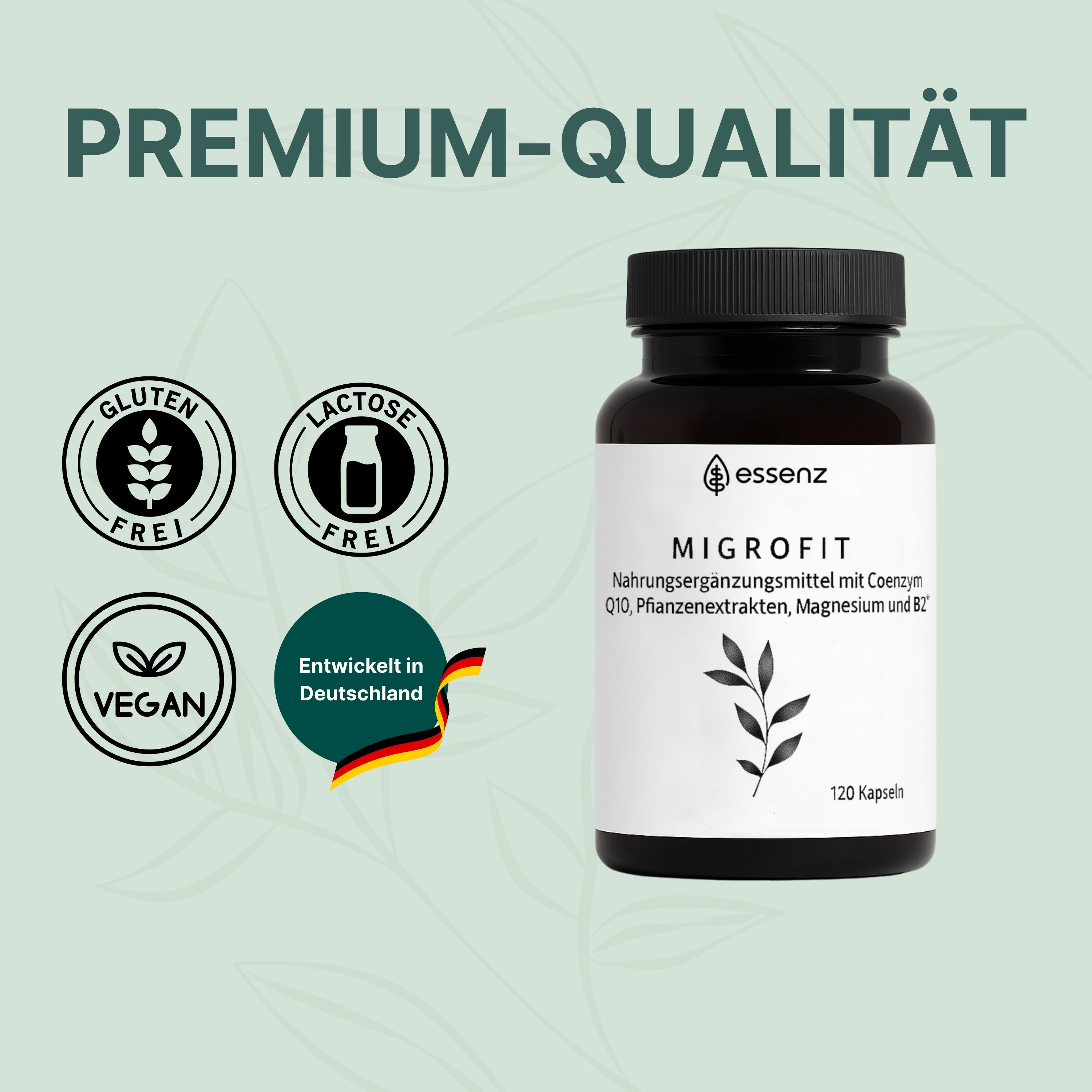 Flasche mit Siegeln für glutenfrei, laktosefrei, vegan und 'Entwickelt in Deutschland'.