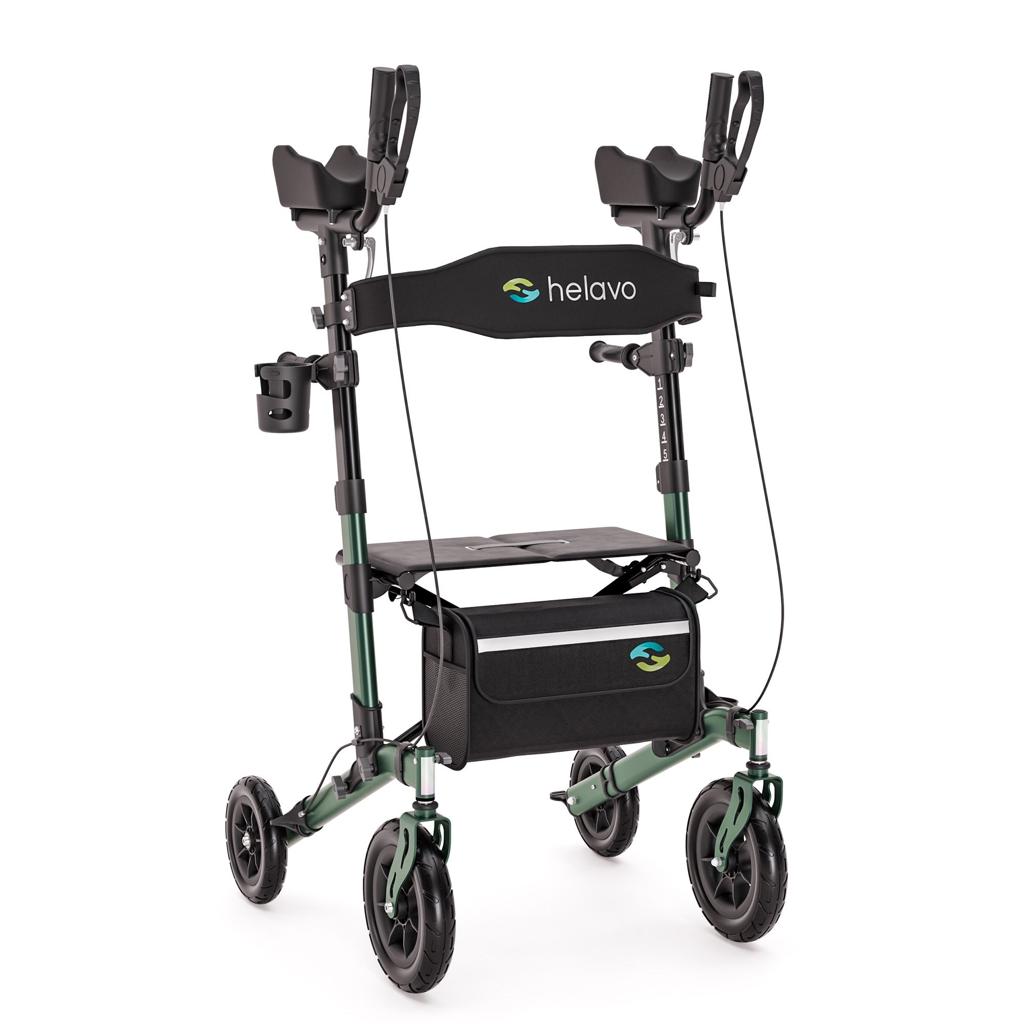 Grüner Rollator mit Unterarmstützen, Sitz, Tasche und Becherhalter. Faltbar.