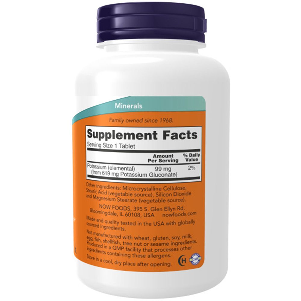 Rückseite der Flasche. Aufschrift: Supplement Facts, Potassium 99 mg. Inhaltsstoffe. NOW FOODS, 395 S. Glen Ellyn Rd.