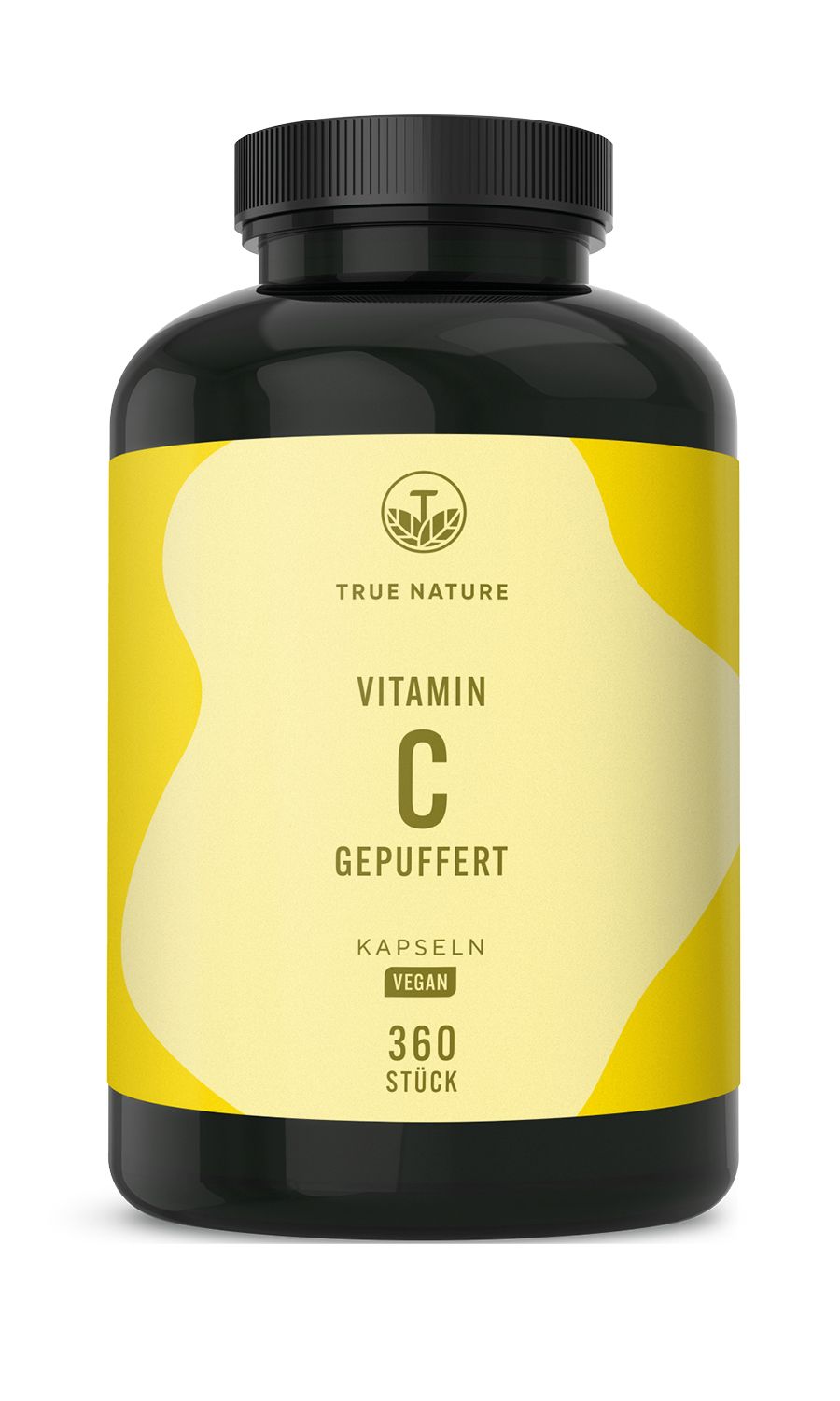 Schwarze Flasche mit gelbem Etikett. Enthält Vitamin C gepuffert, Kapseln, vegan, 360 Stück. Marke: TRUE NATURE.