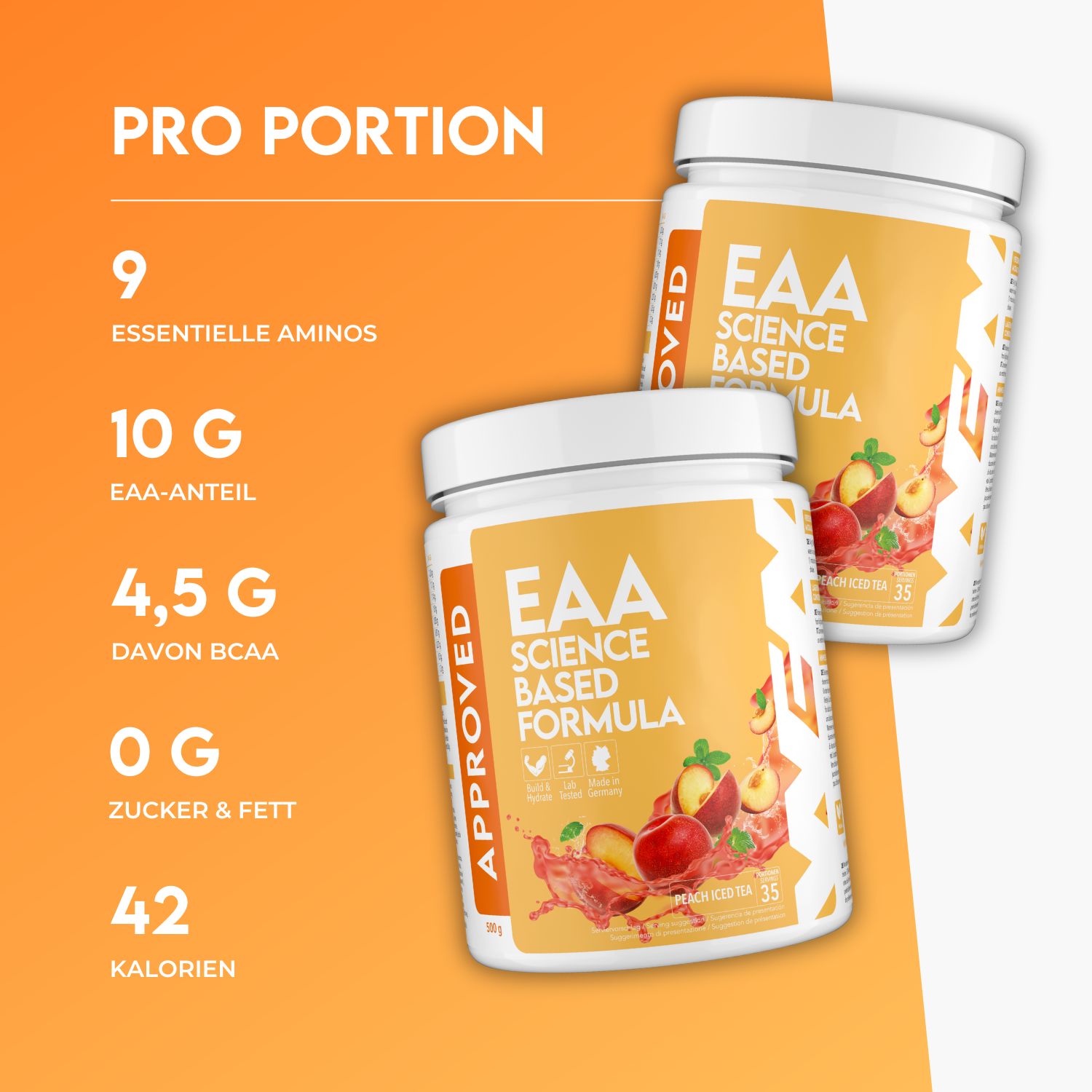 Zwei weiße Produktgläser mit gelben Etiketten. Aufschrift: EAA Science Based Formula. Abbildung von Pfirsichen. Logo: WFN Approved.