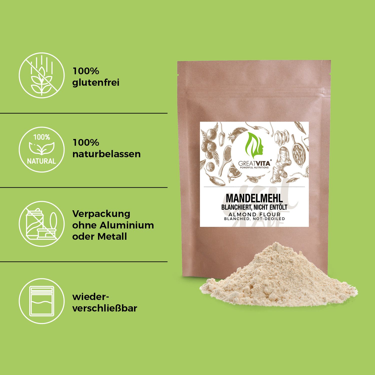 Braunes Beutel Mandelmehl, daneben ein Haufen Mehl. Text: Mandelmehl, blanchiert, nicht entölt. Logos: glutenfrei, natürlich, wiederverschließbar.