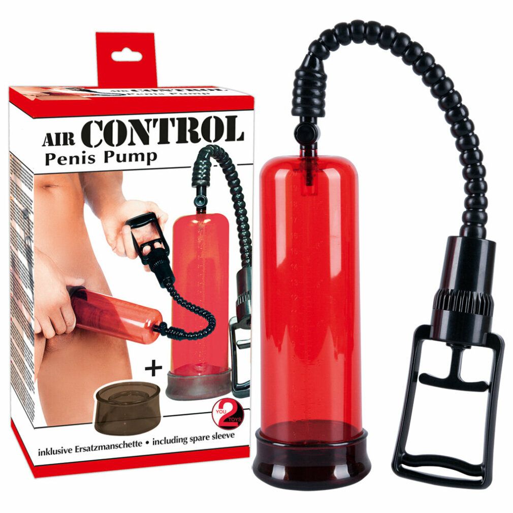 Verpackung mit Produkt und Zubehör. Roter Zylinder, schwarzer Griff und Schlauch. Text: AIR CONTROL Penis Pump.