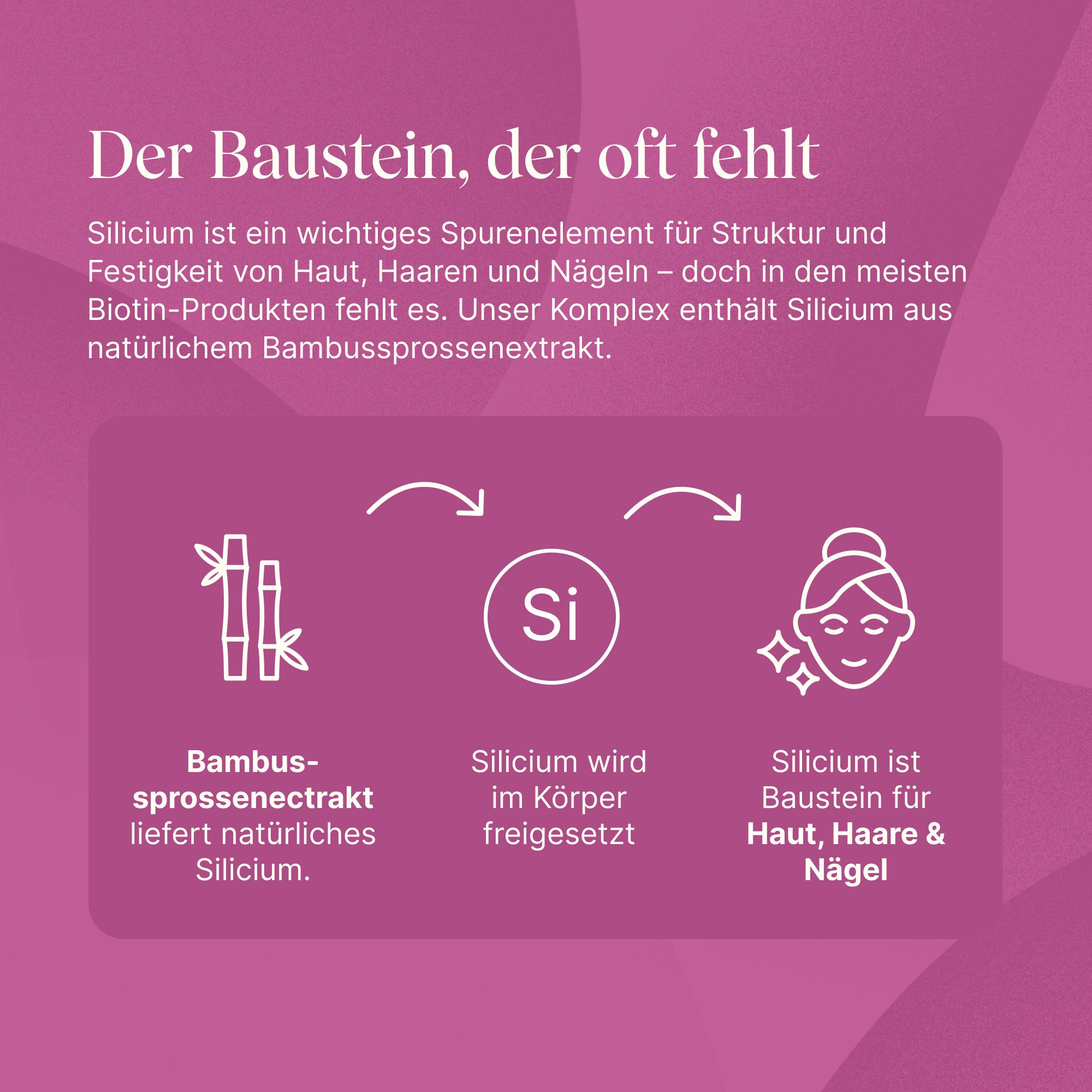 Grafik mit Bambussymbol, Silizium-Symbol (Si) und Frauengesicht. Text: Bambussprossenextrakt liefert natürliches Silicium. Silicium wird im Körper freigesetzt. Silicium ist Baustein für Haut, Haare & Nägel.