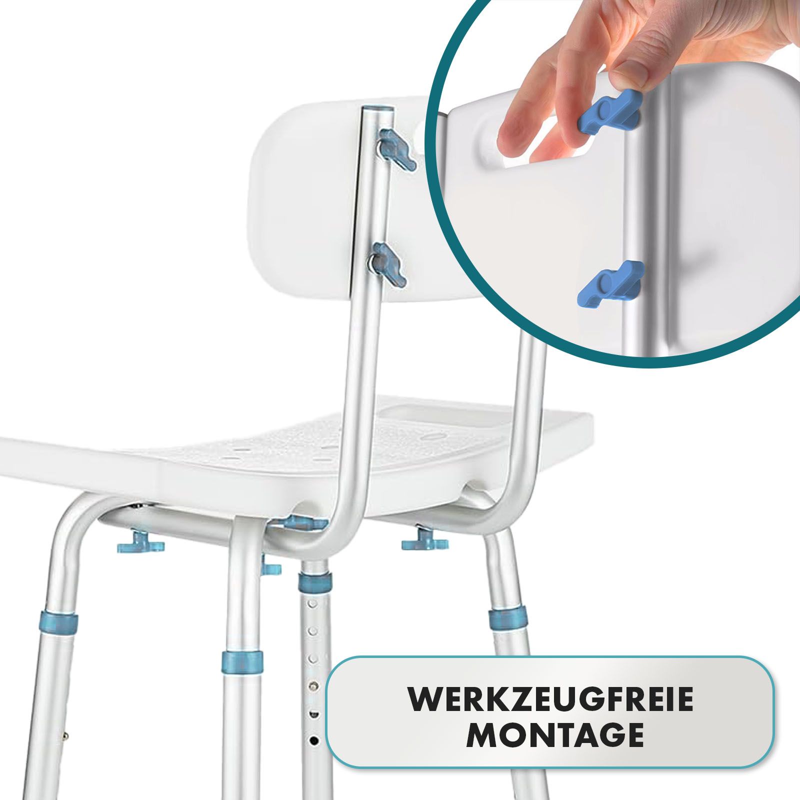 Duschstuhl mit Rückenlehne. Blaue Drehknöpfe zur Höhenverstellung. Text: Werkzeugfreie Montage.