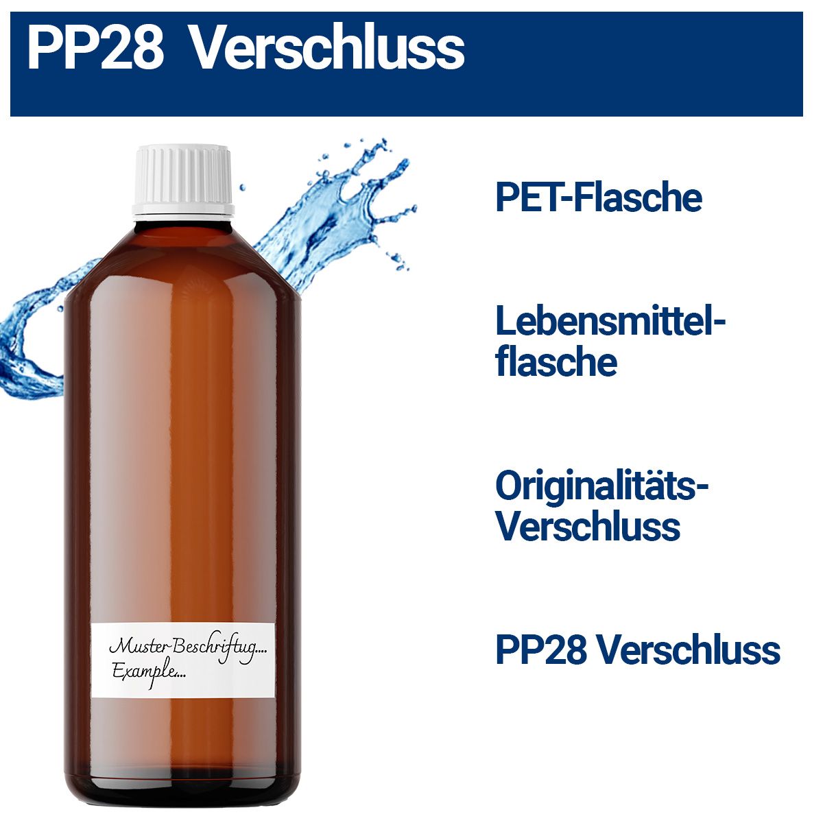 Braune PET-Flasche mit weißem Verschluss. Text: PP28 Verschluss, PET-Flasche, Lebensmittelflasche, Originalitäts-Verschluss, PP28 Verschluss.