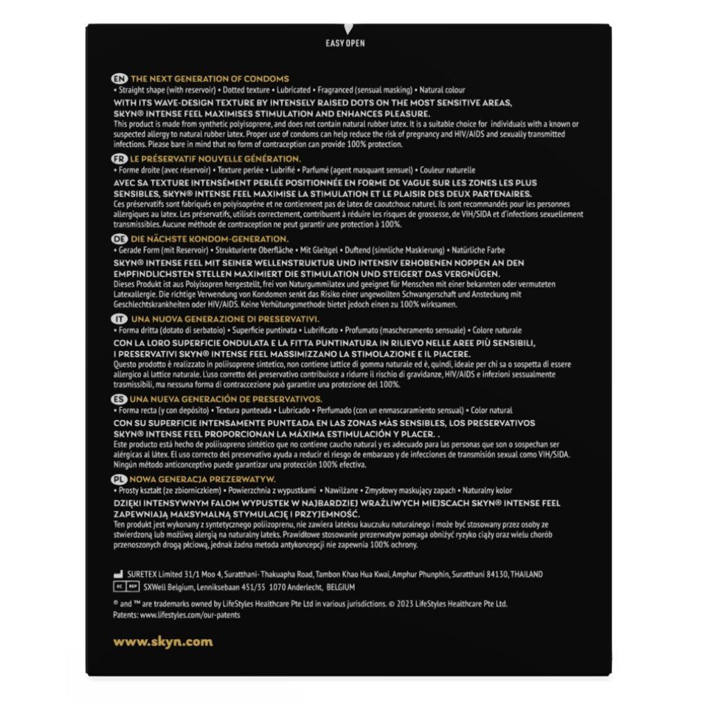 Schwarze Produktinformationen. Text in mehreren Sprachen. Informationen zu Inhaltsstoffen und Eigenschaften. "Easy Open" ist sichtbar.