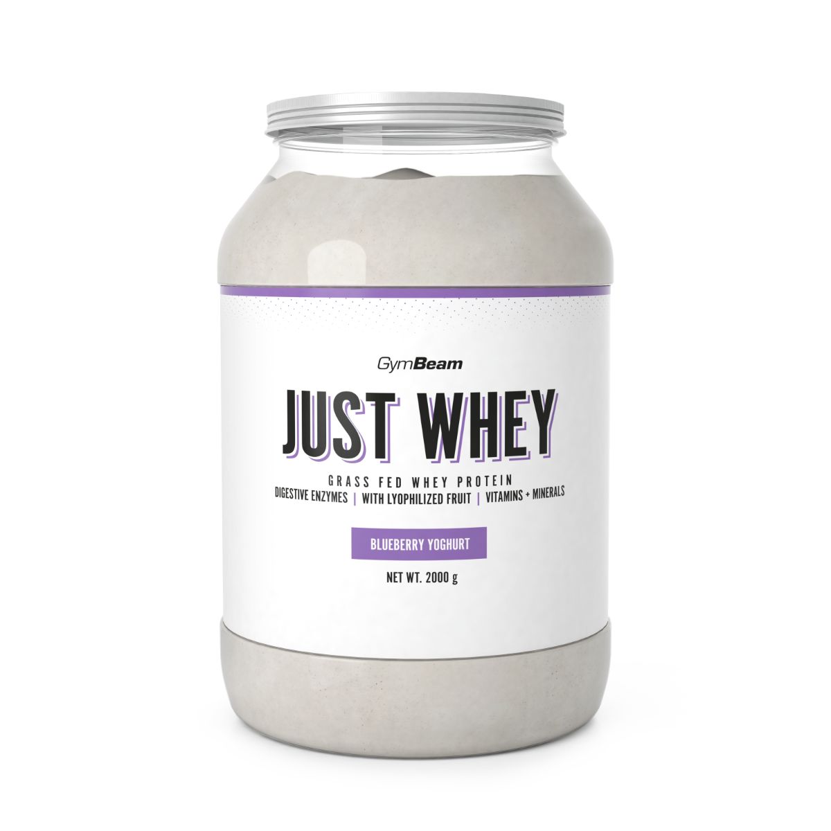 Großer Behälter mit Just Whey Molkenprotein Pulver, Sorte Blueberry Yoghurt, 2000g.