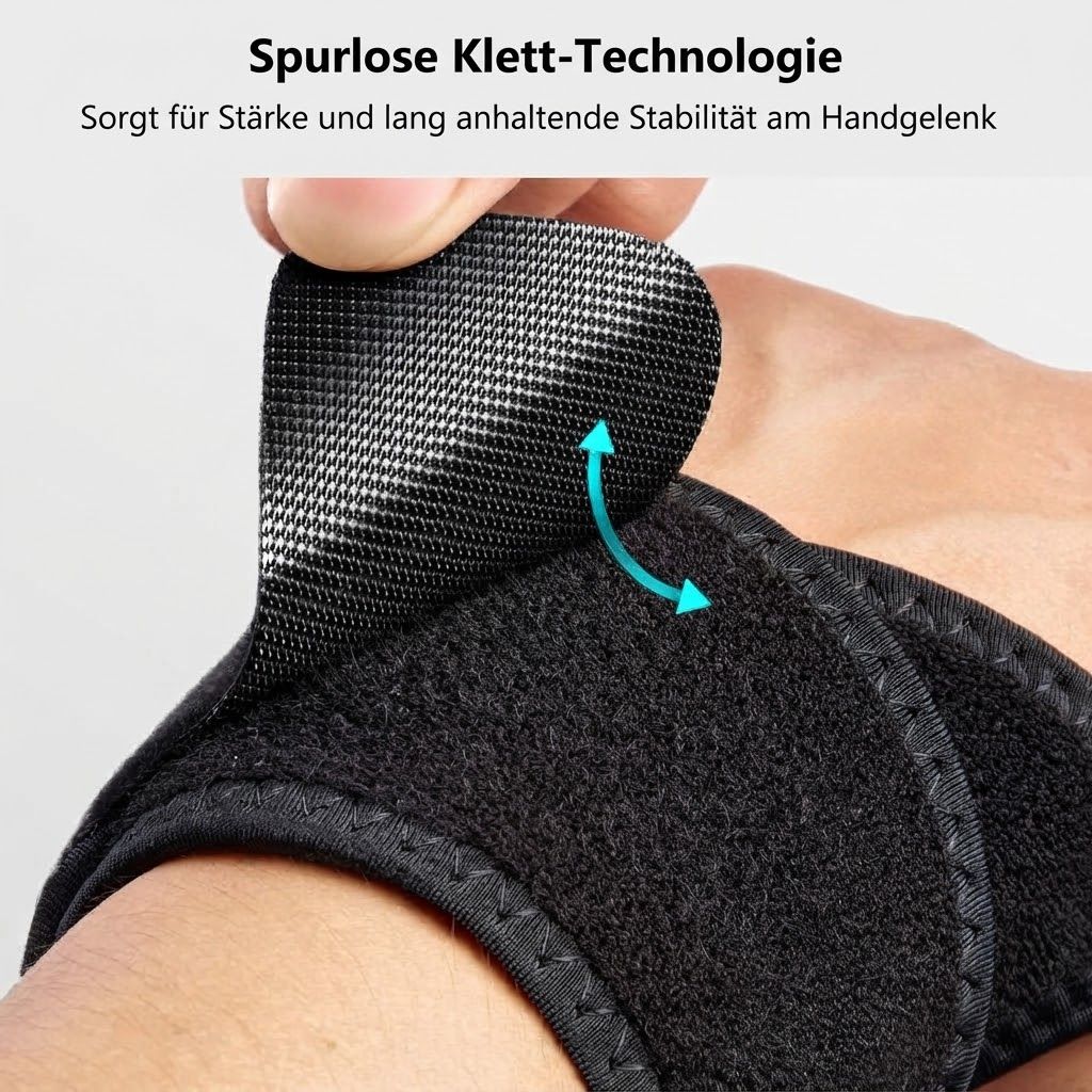 Anleitung zum Anlegen einer Handgelenkbandage in drei Schritten mit Größenangabe (13-25cm).