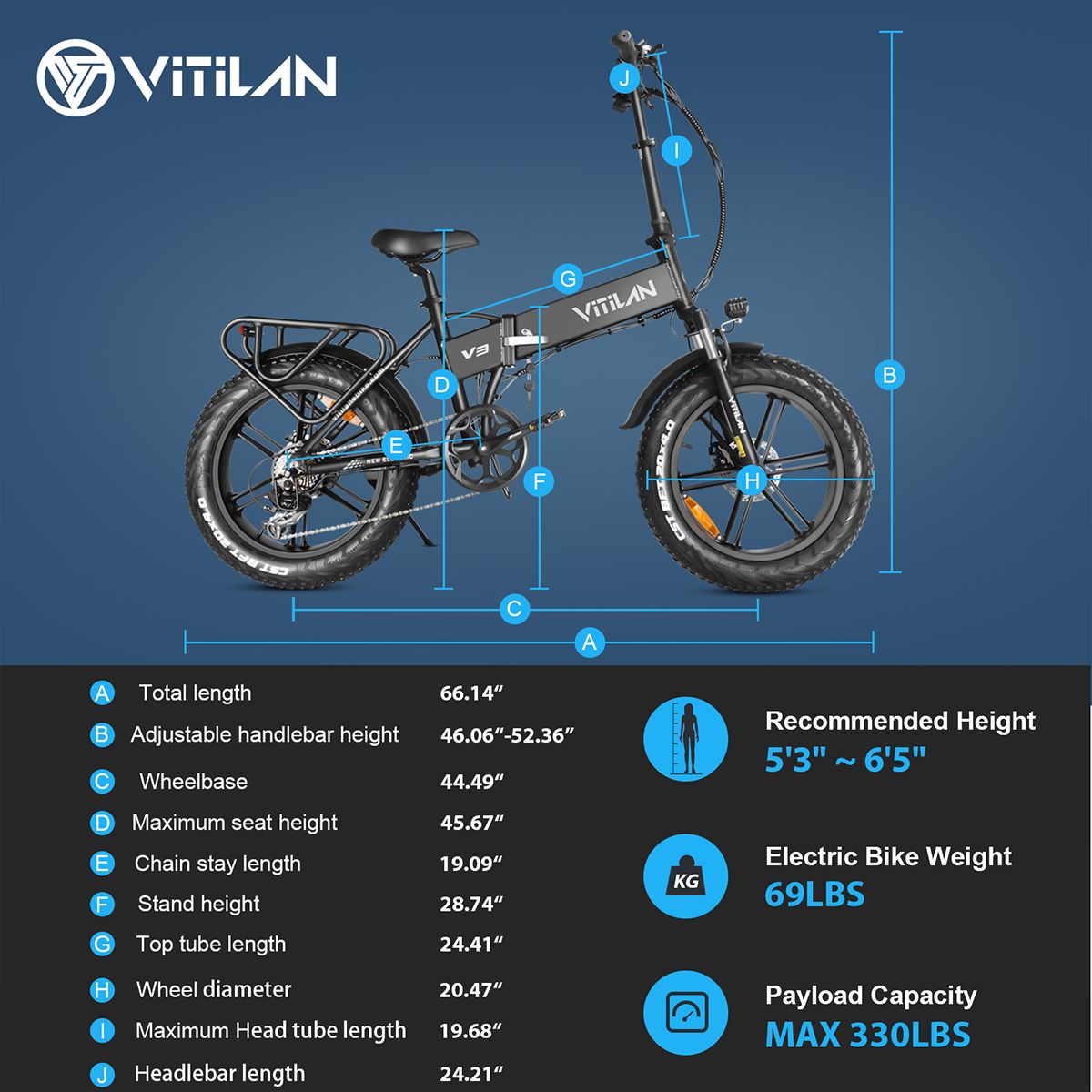 Faltbares E-Bike Vitilan V3 2.0. Schwarze Farbe, Details mit Größenangaben. Empfohlene Körpergröße, Gewicht und Tragfähigkeit.