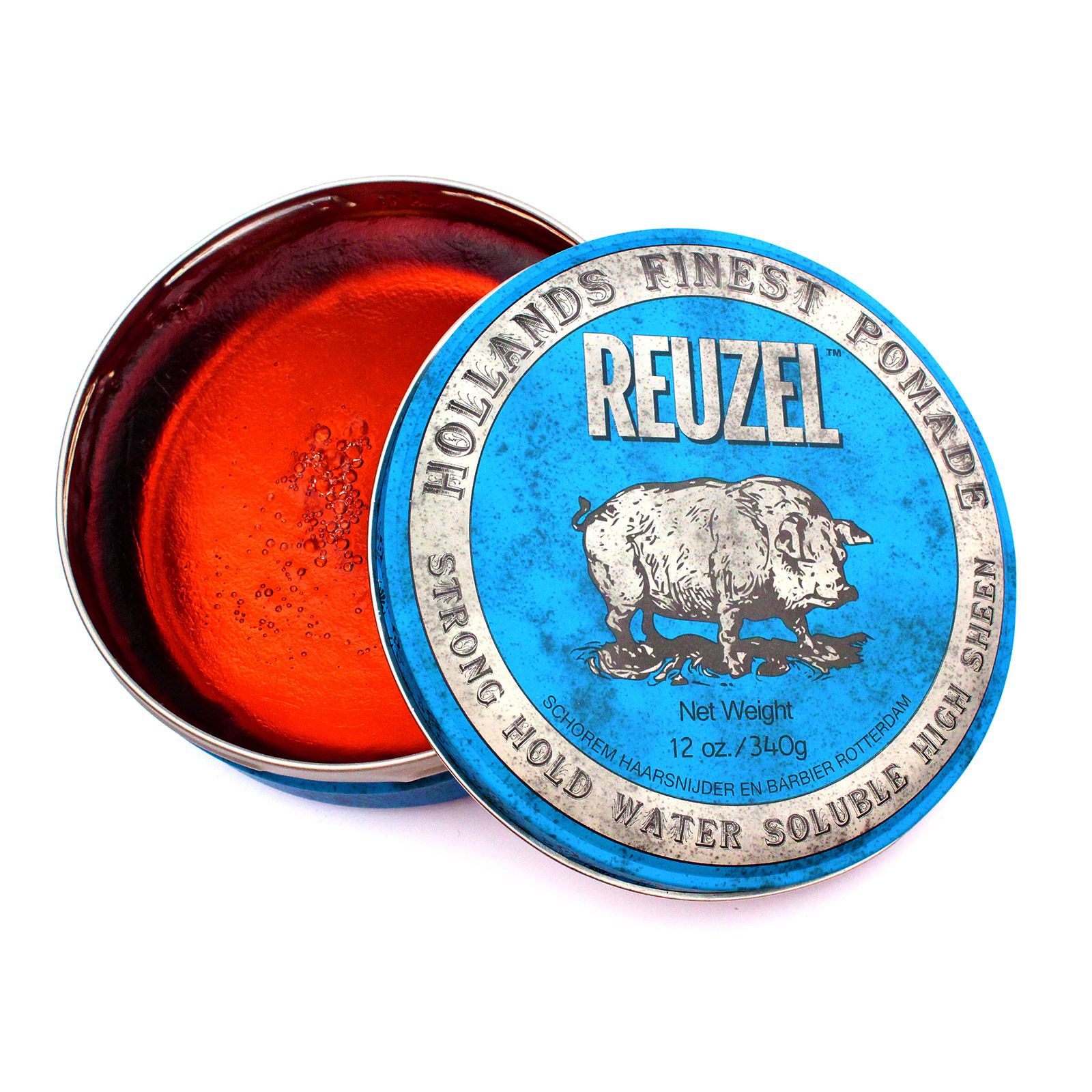 Reuzel Blue Pomade: Blaue Dose mit Schwein-Logo, enthält orangefarbene Pomade. Starker Halt, wasserlöslich.