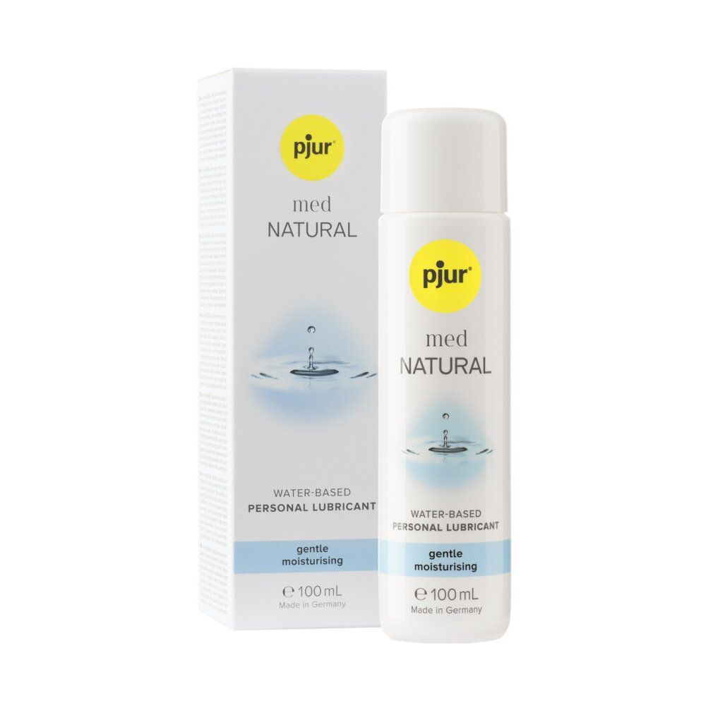 pjur med NATURAL, Wasserbasiertes Gleitmittel, 100 ml. Flasche und Verpackung. Aufschrift: gentle moisturising. Hergestellt in Deutschland.
