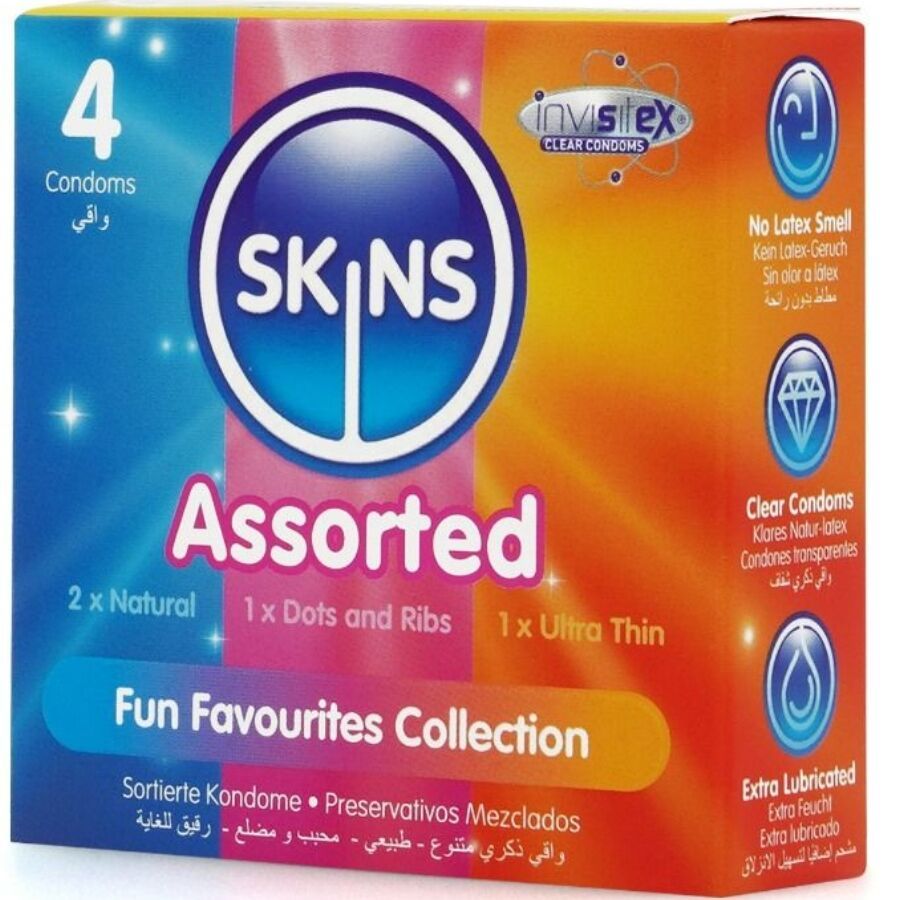 Verpackung mit vier Kondomen. Aufschrift: SKINS, Assorted, 2x Natural, 1x Dots and Ribs, 1x Ultra Thin. Fun Favourites Collection.