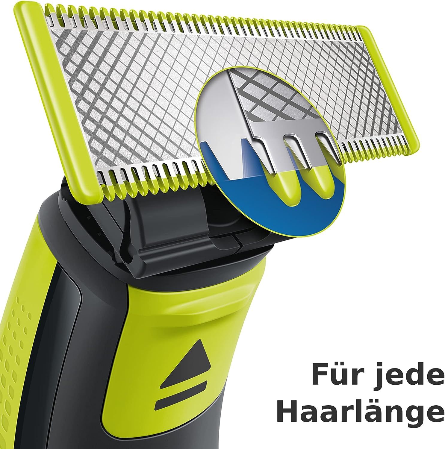 Nahaufnahme der Rasiererklinge. Gelb-schwarzes Gerät. Text: Für jede Haarlänge.