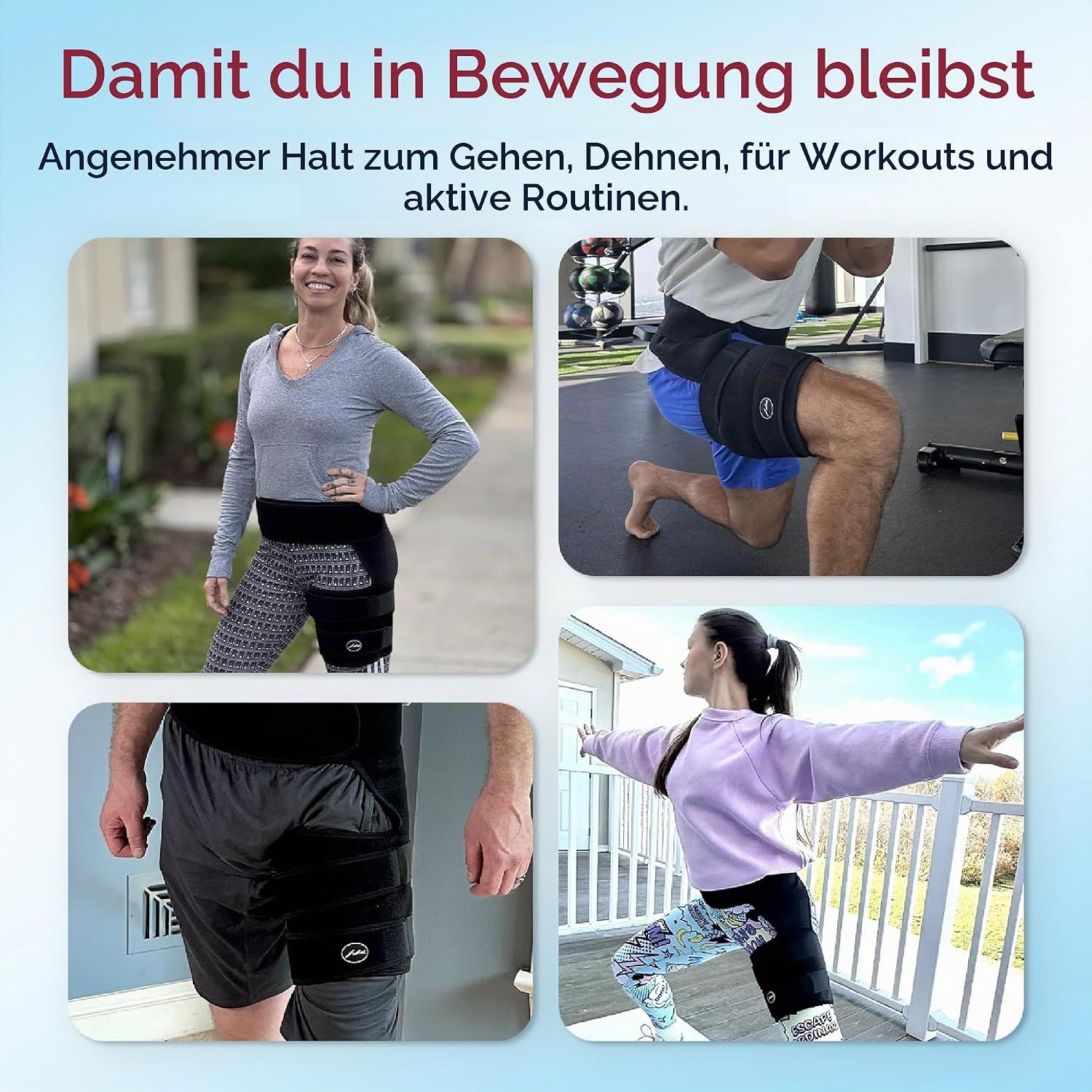 Vier Szenen, die die Anwendung eines Oberschenkel-Kompressionsschutzes bei verschiedenen Aktivitäten zeigen.
