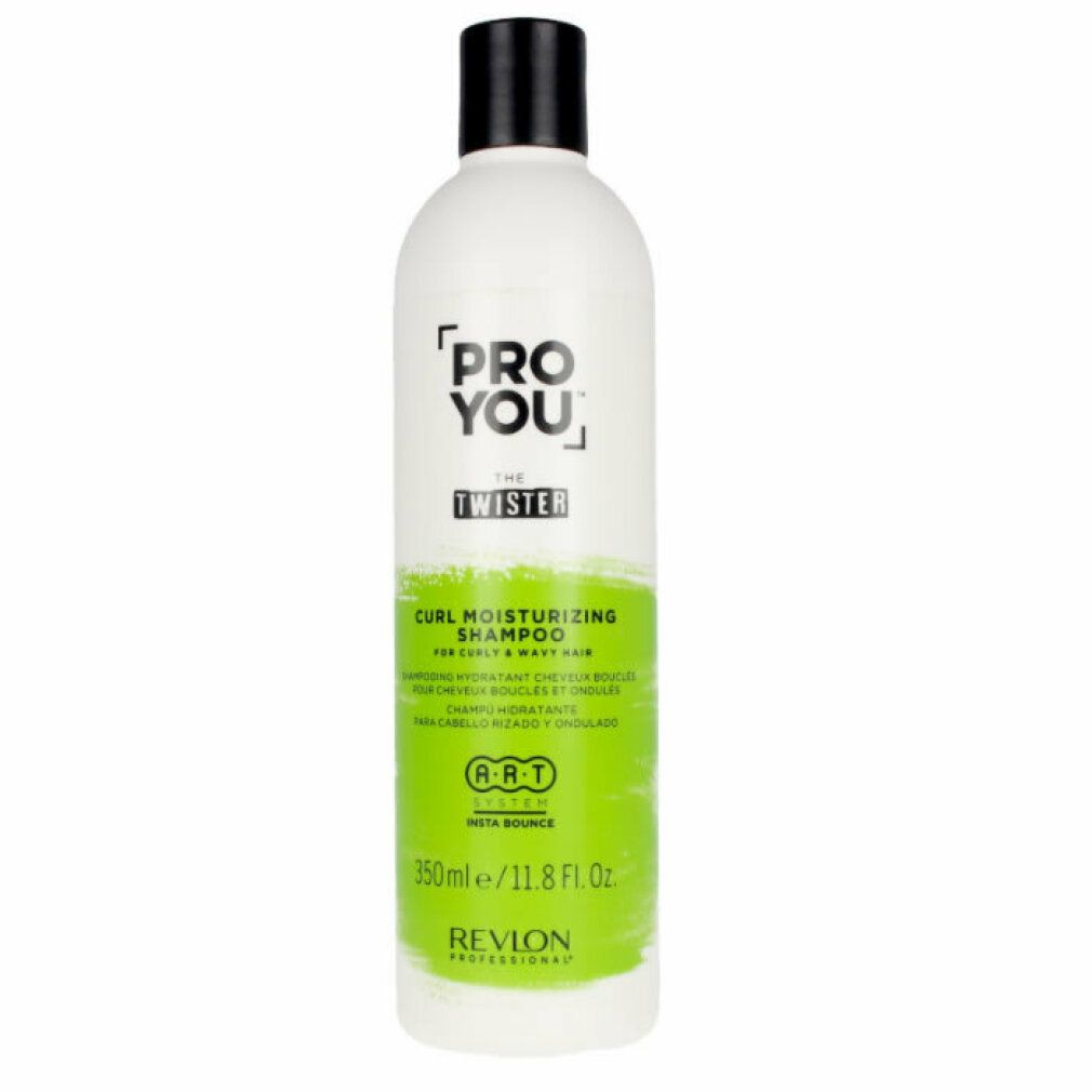 Weiße Shampoo-Flasche mit schwarzem Deckel. Aufschrift: Pro You The Twister. Grün-weißer Aufkleber mit Text und Logo.