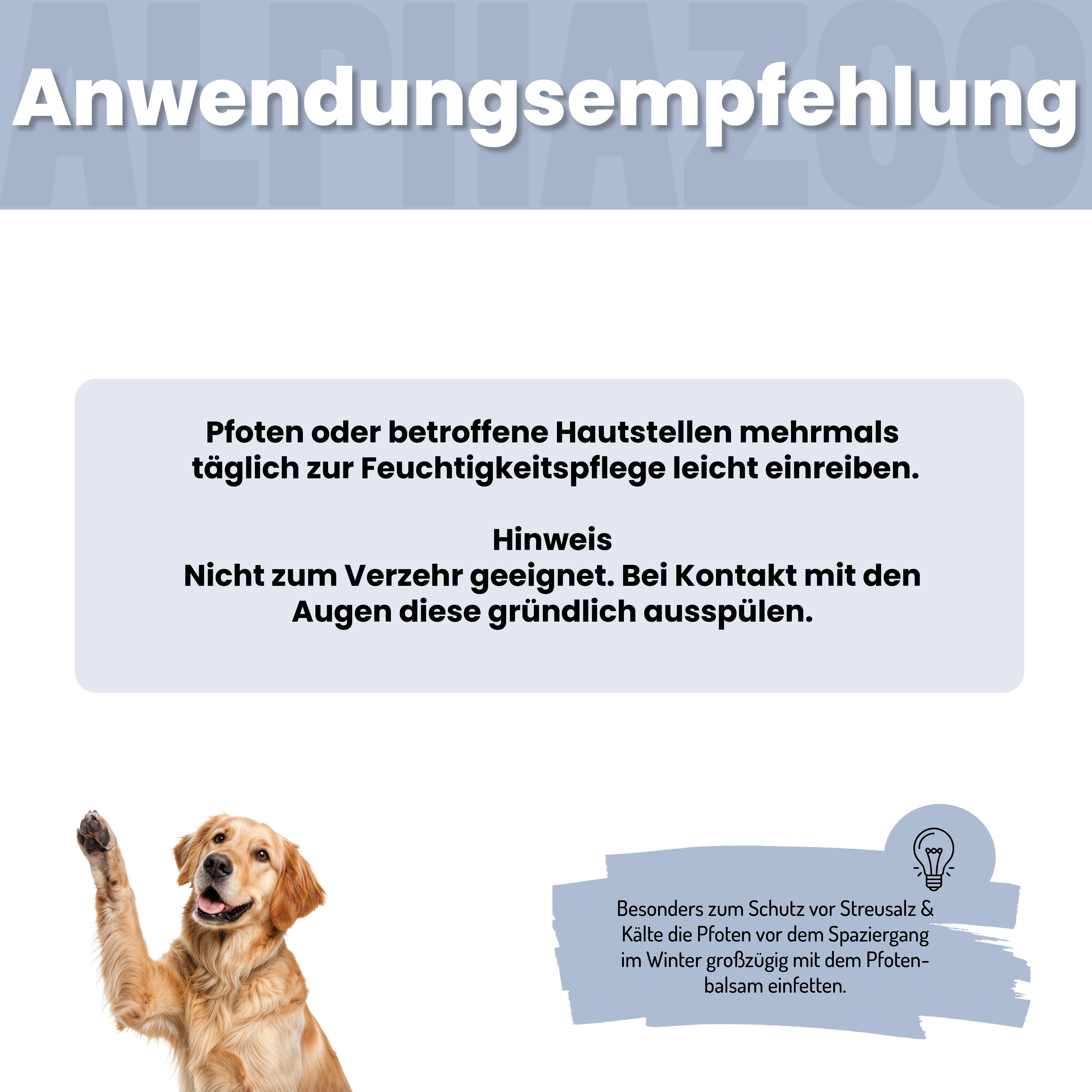 Golden Retriever hebt Pfote. Text: Anwendungsempfehlung. Hinweis: Nicht zum Verzehr geeignet.
