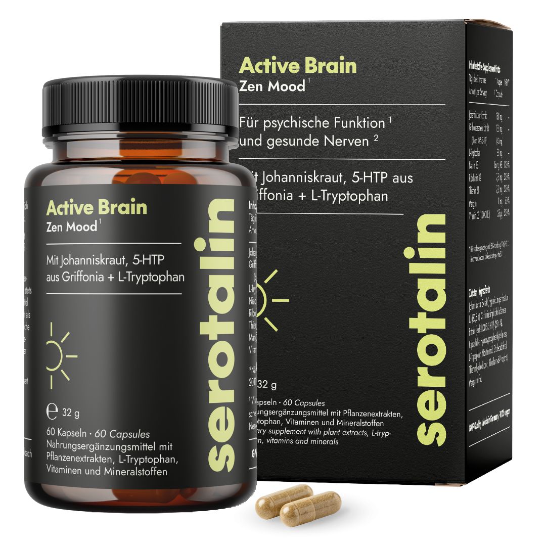 Produktverpackung: Flasche und Schachtel. Text: Active Brain Zen Mood, serotalin. 60 Kapseln. Mit Johanniskraut, 5-HTP aus Griffonia + L-Tryptophan.