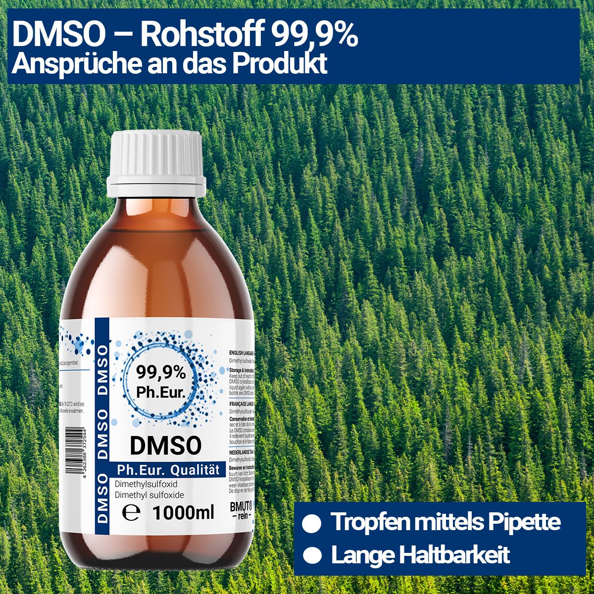 Braunglasflasche mit weißem Deckel und Etikett. Enthält DMSO 99,9% ph. Eur. Text: DMSO - Rohstoff 99,9%.