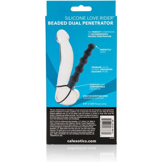 Verpackung. Doppelpenetrator aus weißem und schwarzem Silikon. Marke Calexotics. Text: Silicone Love Rider Beaded Dual Penetrator.