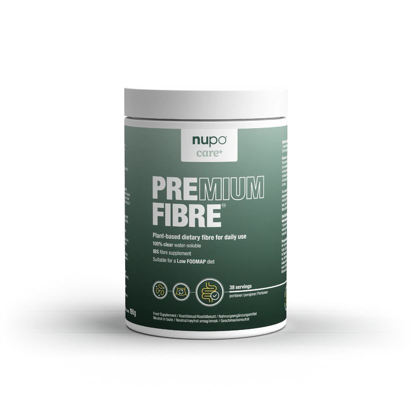 Zylinderförmige Dose mit grünem Etikett. Aufschrift: PREMIUM FIBRE. Marke: nupo care. Text: 100% klar wasserlöslich, 30 Portionen.