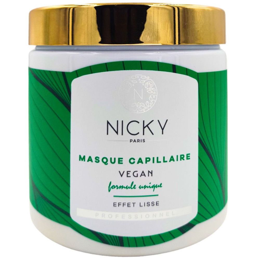 Weißes Haarmasken-Glas mit goldfarbenem Deckel. Aufschrift: Nicky Paris, Masque Capillaire, Vegan, Formule Unique, Effet Lisse.