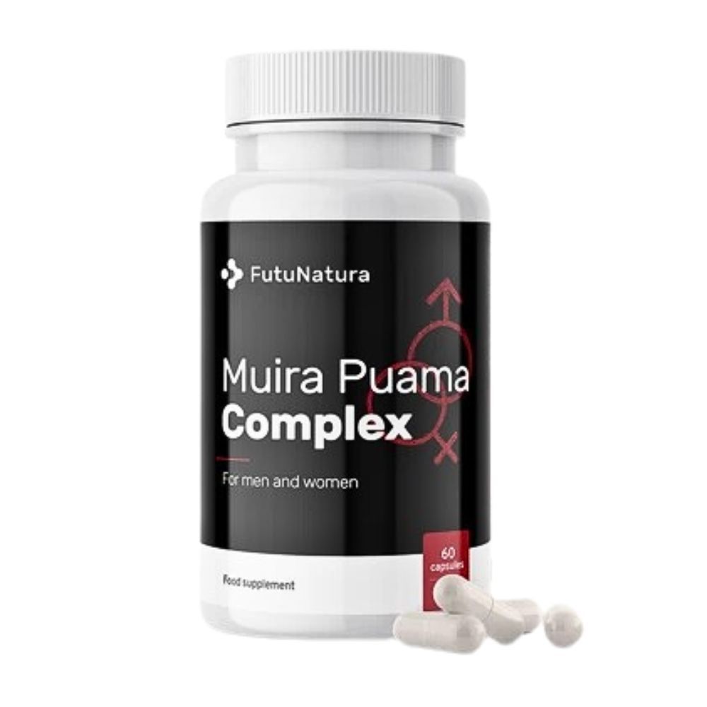 Flasche mit FutuNatura Muira Puama Complex Kapseln, 60 Stück.