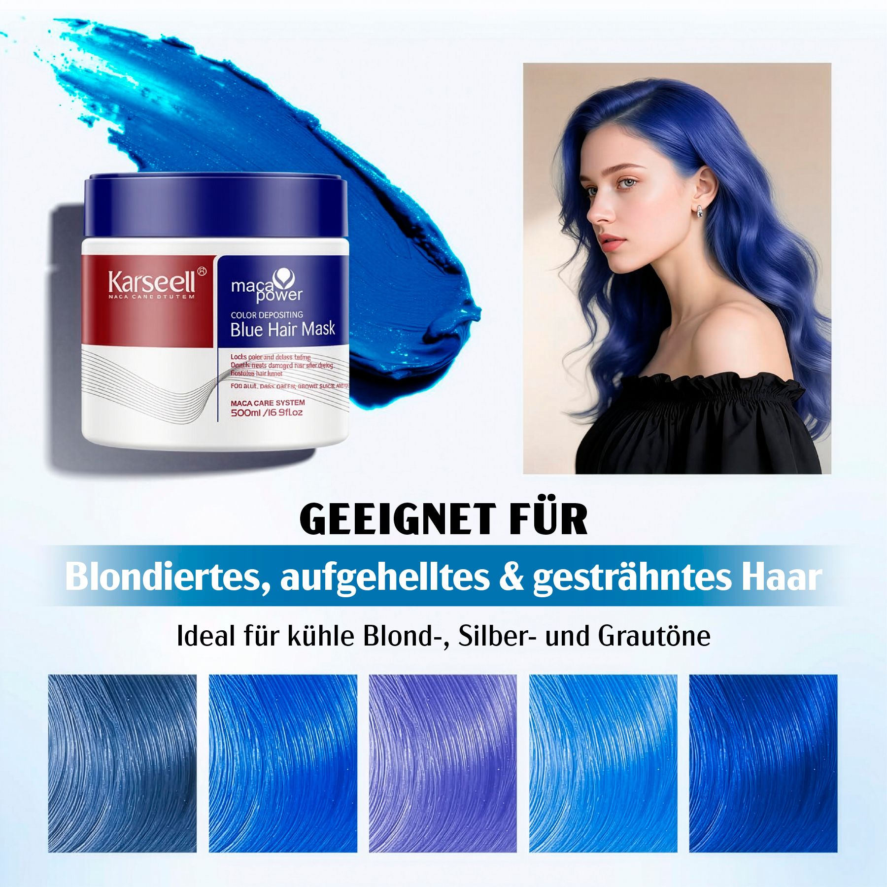 Produkt in Dose und blaue Haarsträhne. Text: Geeignet für blondiertes, aufgehelltes & gesträhntes Haar. Karseell Color Depositing Blue Hair Mask.