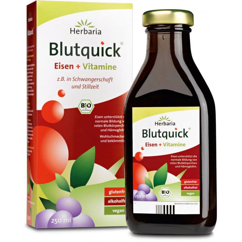 Herbaria Blutquick Eisen + Vitamine. Flasche und Verpackung. Bio-Siegel. Glutenfrei, alkoholfrei, vegan. 250 ml.