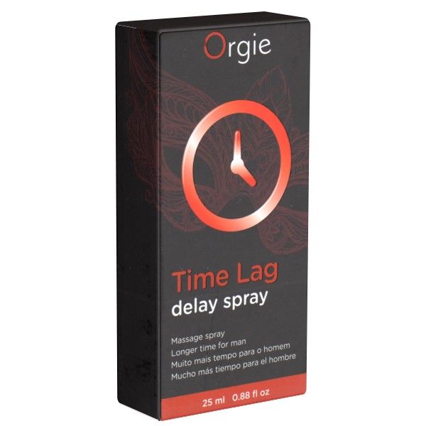 Schwarze Verpackung mit Produktnamen und Logo. Text: Time Lag delay spray. 25 ml.