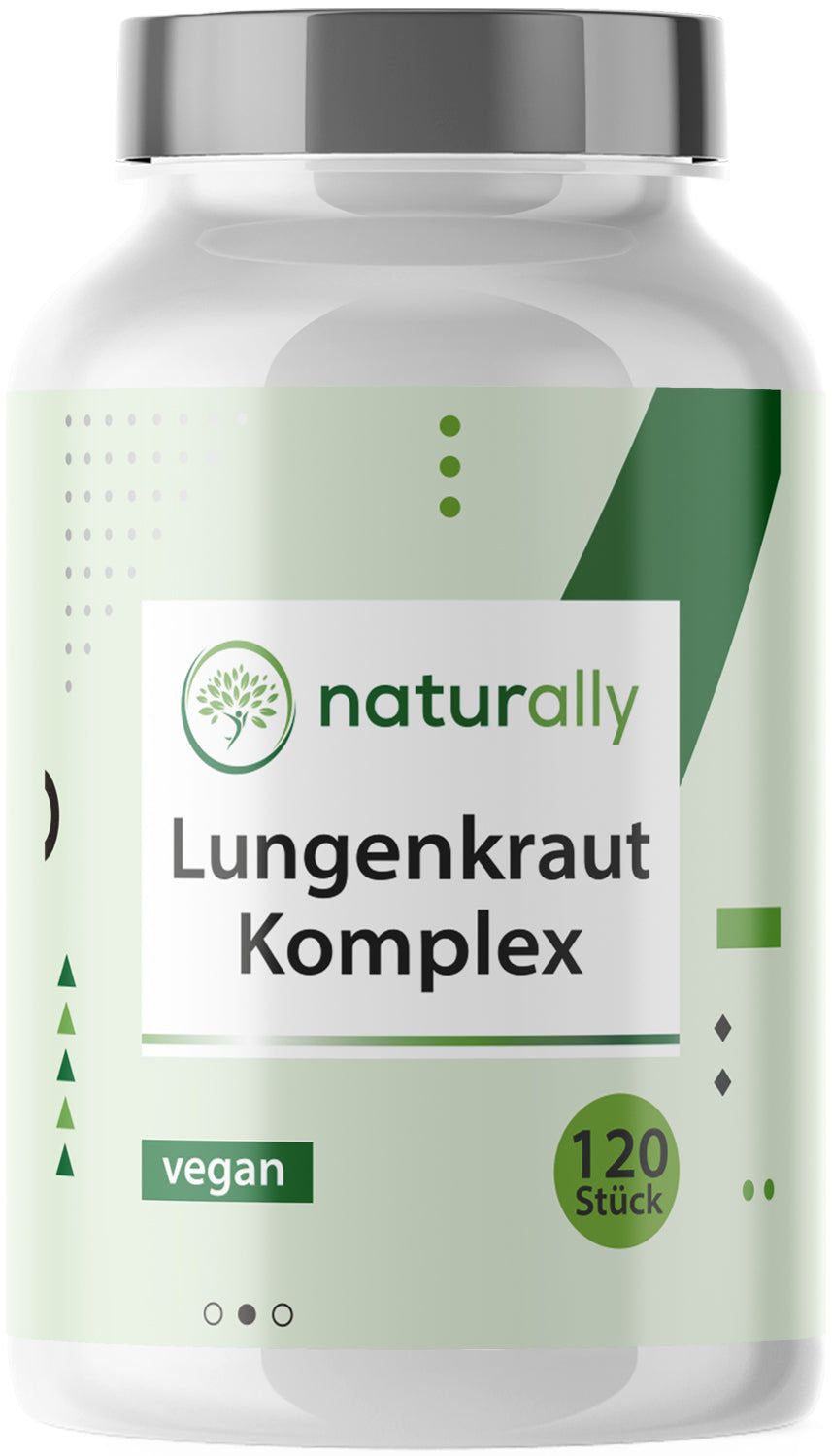 Weiße Flasche mit grünem Etikett. Aufschrift: naturally Lungenkraut Komplex, vegan, 120 Stück.