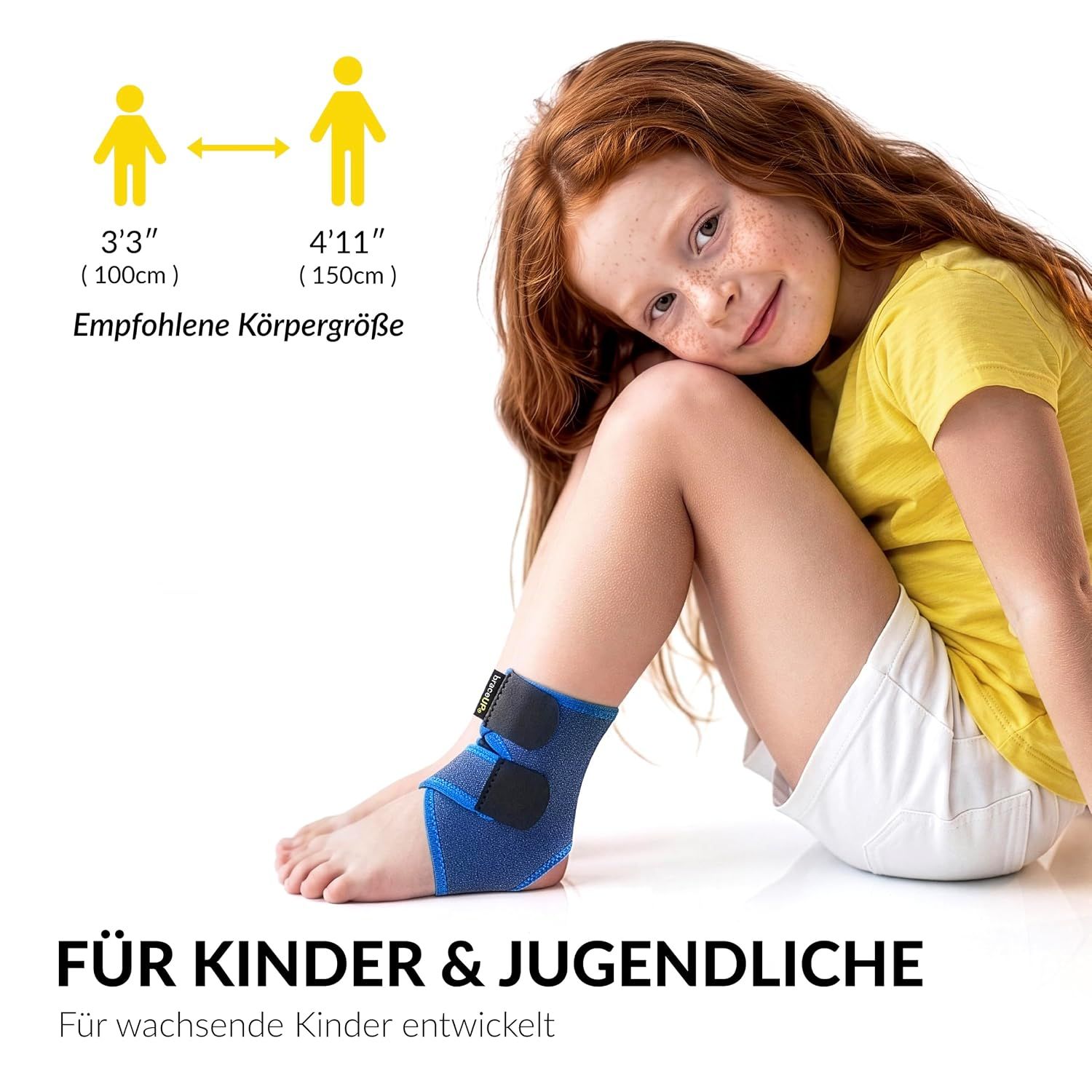 Blaues Kinder-Fußgelenk-Stützband mit Klettverschlüssen und Größenangaben.