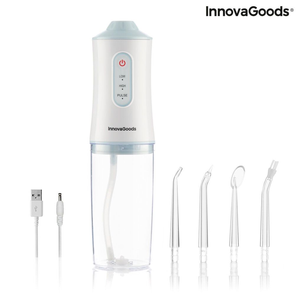 Tragbare Munddusche mit Zubehör. Weiß und blau. USB-Kabel. InnovaGoods Logo.