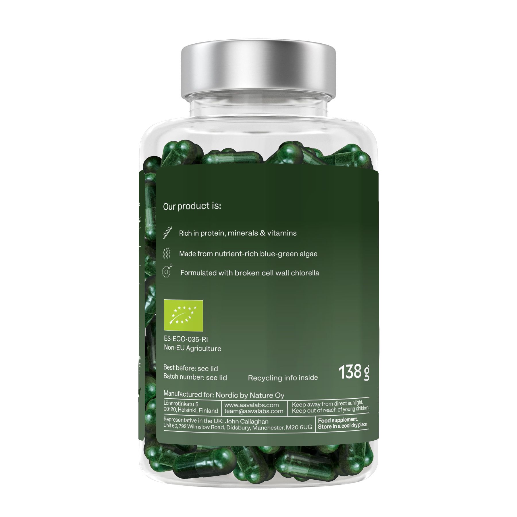 Rückseite der Flasche mit grünen Kapseln. Text: Reich an Proteinen, Mineralien & Vitaminen. EU-Bio-Siegel.