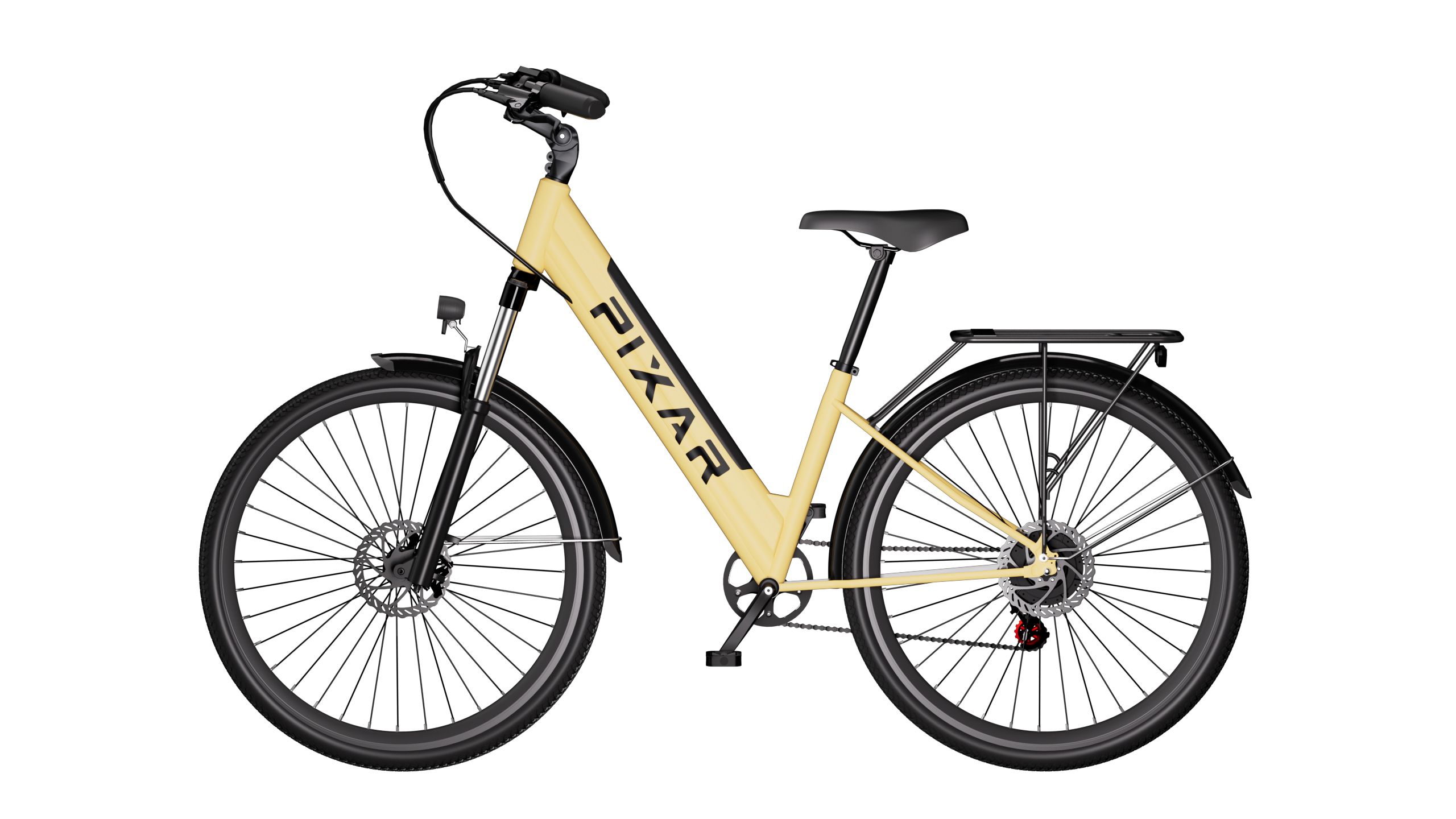 Beige Elektro-Citybike mit schwarzem Rahmen und Gepäckträger. PIXAR-Logo.