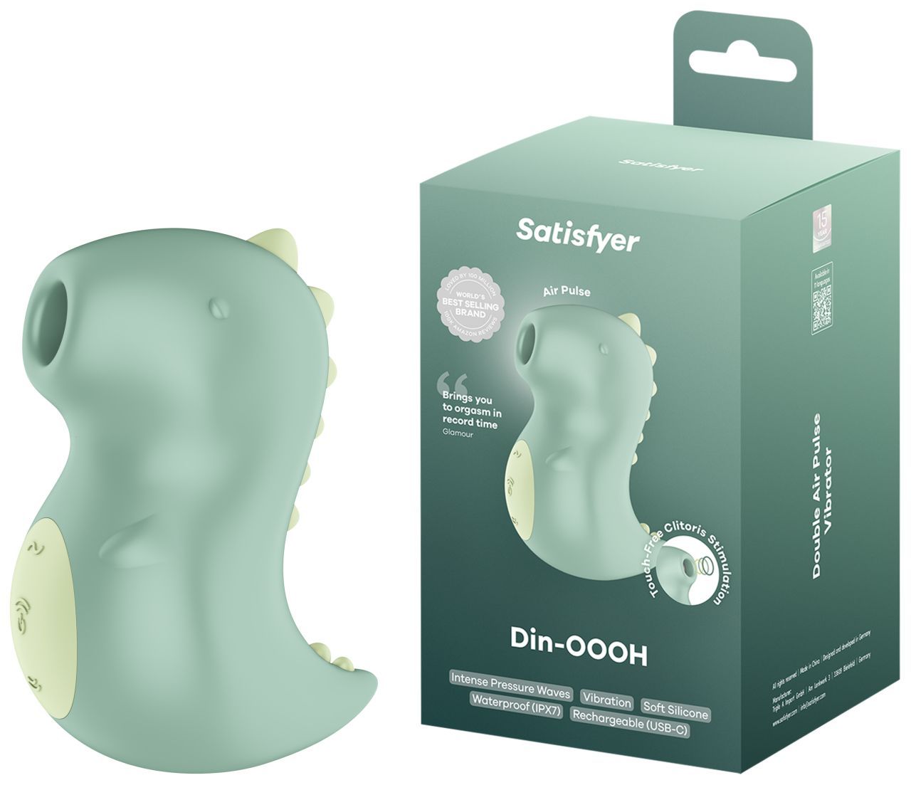 Grüner Vibrator in Dinosaurierform. Verpackung mit Produktabbildung und Schriftzug "Satisfyer Din-OOOH".