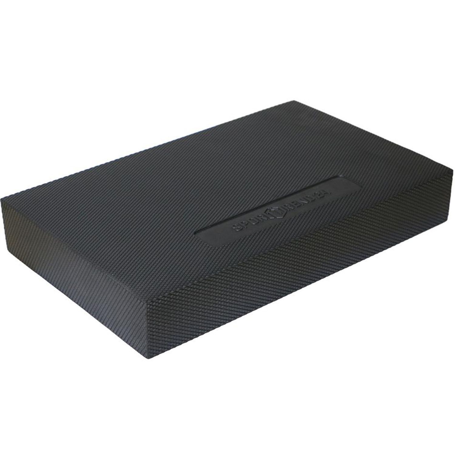 Schwarzes Balance Pad mit geprägtem Schriftzug Sporttrend24. Rechteckige Form mit strukturierter Oberfläche.