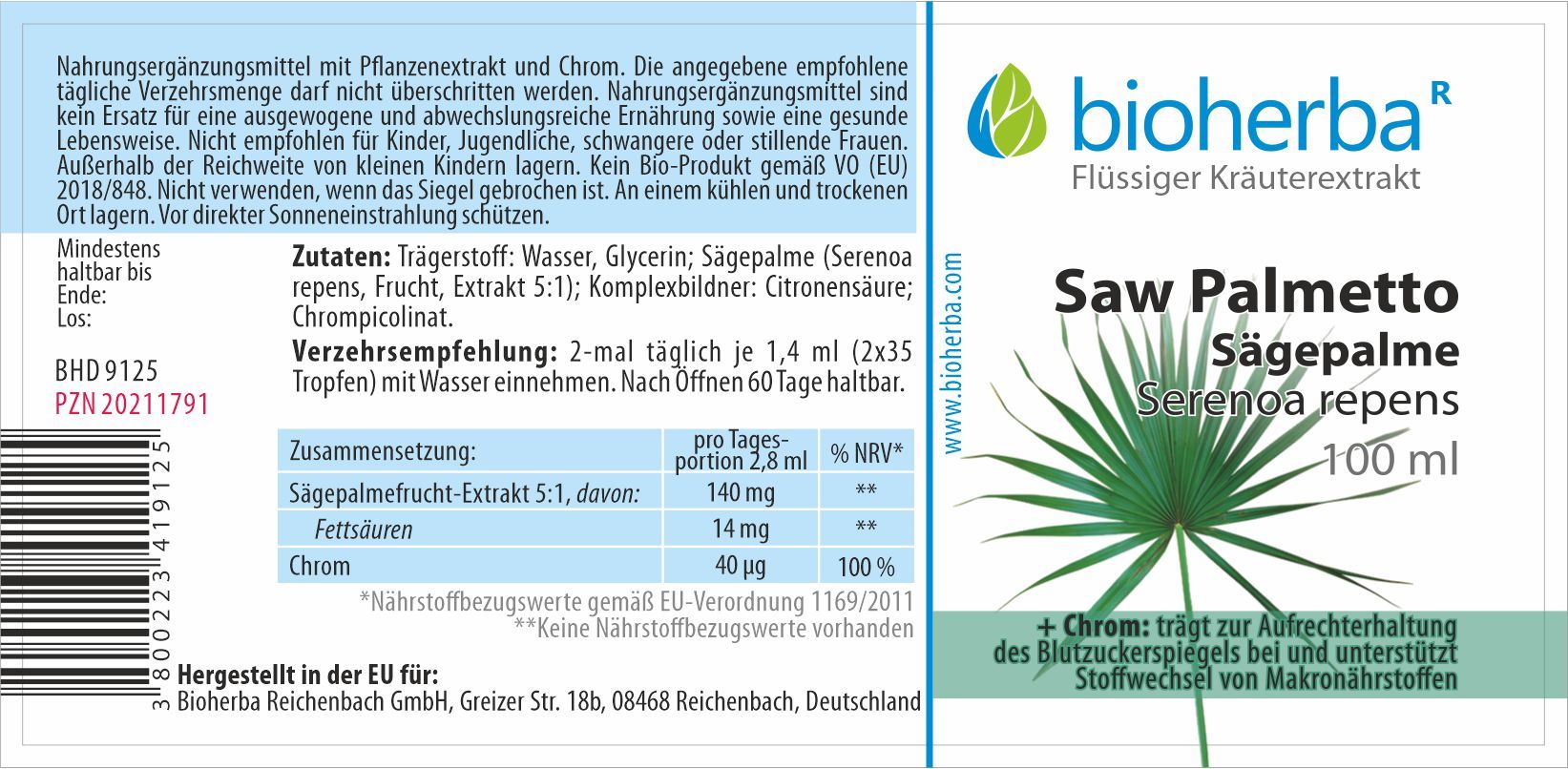 Etikett mit Produktinformationen. Bioherba Saw Palmetto Tinktur. Zutaten, Nährwertangaben, Verzehrempfehlung, Herstelleradresse.